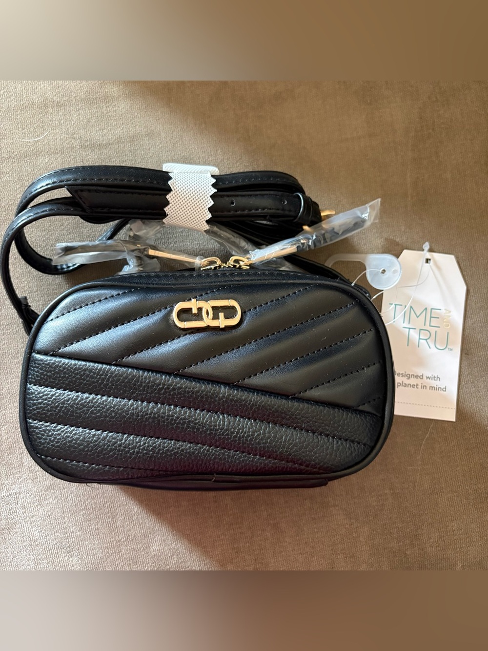 Time and Tru Black Quilted Mini Crossbody with Gold Accent